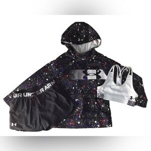 UNDER ARMOUR Girls size Y S M PAINT SPLATTERED HOODIE SPORTS BRA SHORTS SET